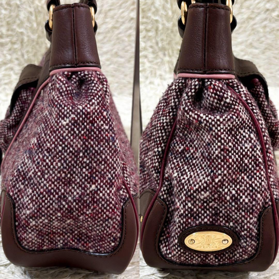 CELINE Hand Bag Tote Purse Tweed Leather Bordeaux Brown Authentic