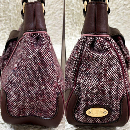 CELINE Hand Bag Tote Purse Tweed Leather Bordeaux Brown Authentic