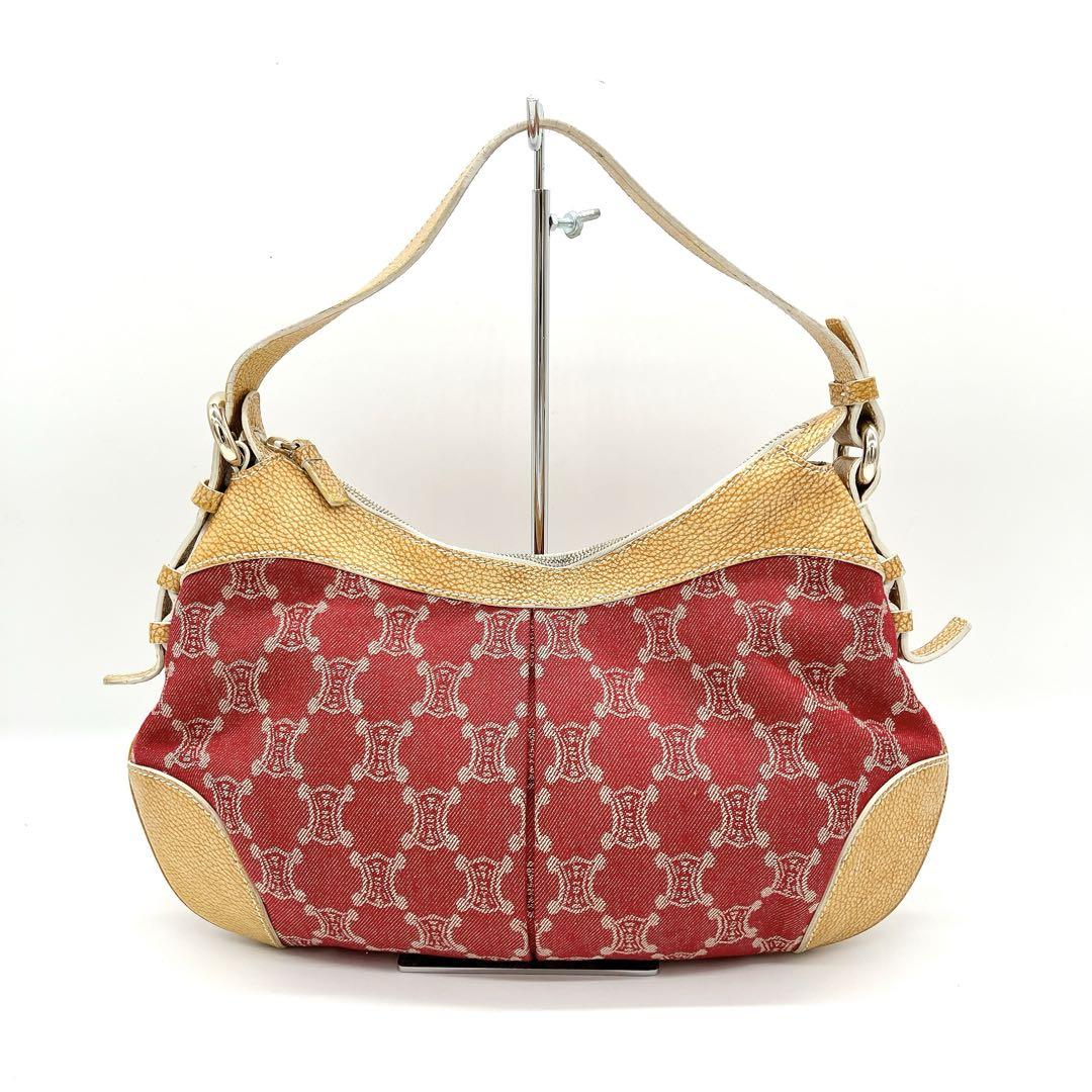 CELINE Shoulder Bag Purse Macadam Canvas Leather Red Yellow Authentic