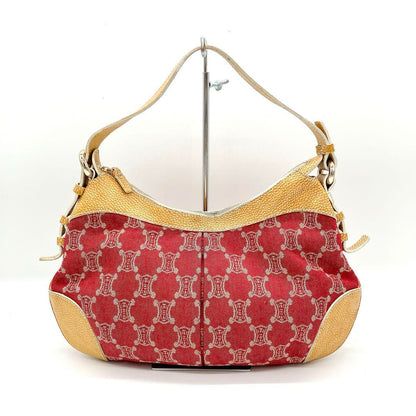 CELINE Shoulder Bag Purse Macadam Canvas Leather Red Yellow Authentic