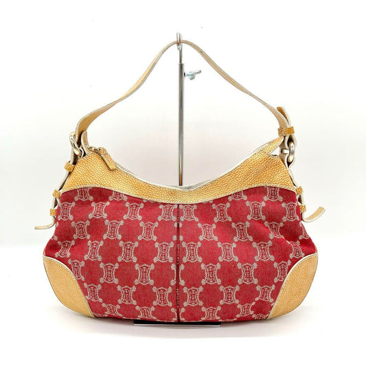 CELINE Shoulder Bag Purse Macadam Canvas Leather Red Yellow Authentic