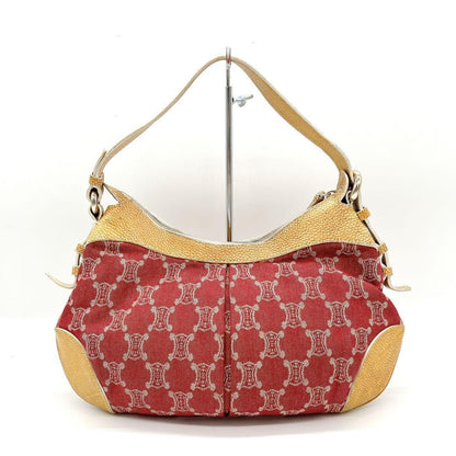 CELINE Shoulder Bag Purse Macadam Canvas Leather Red Yellow Authentic