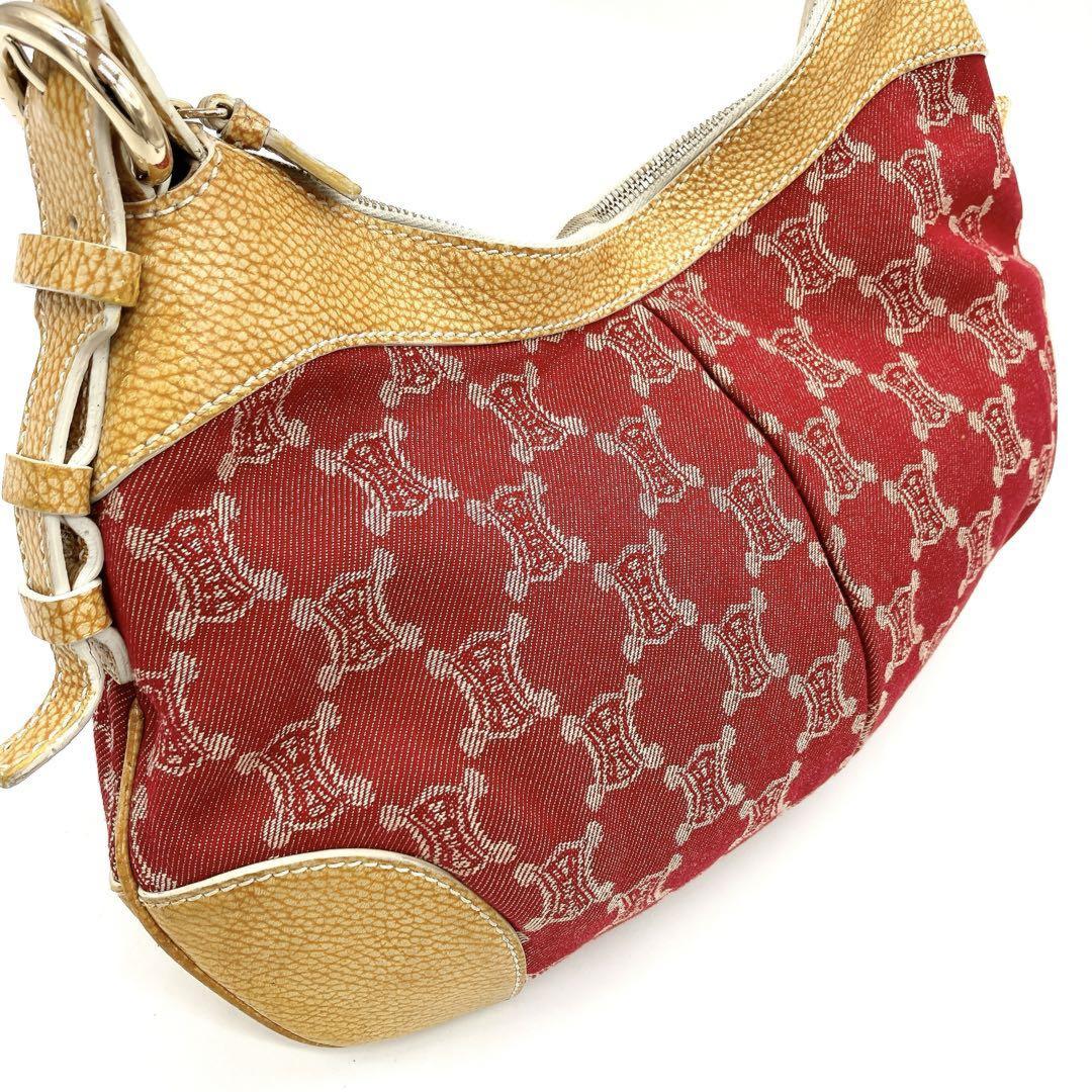CELINE Shoulder Bag Purse Macadam Canvas Leather Red Yellow Authentic