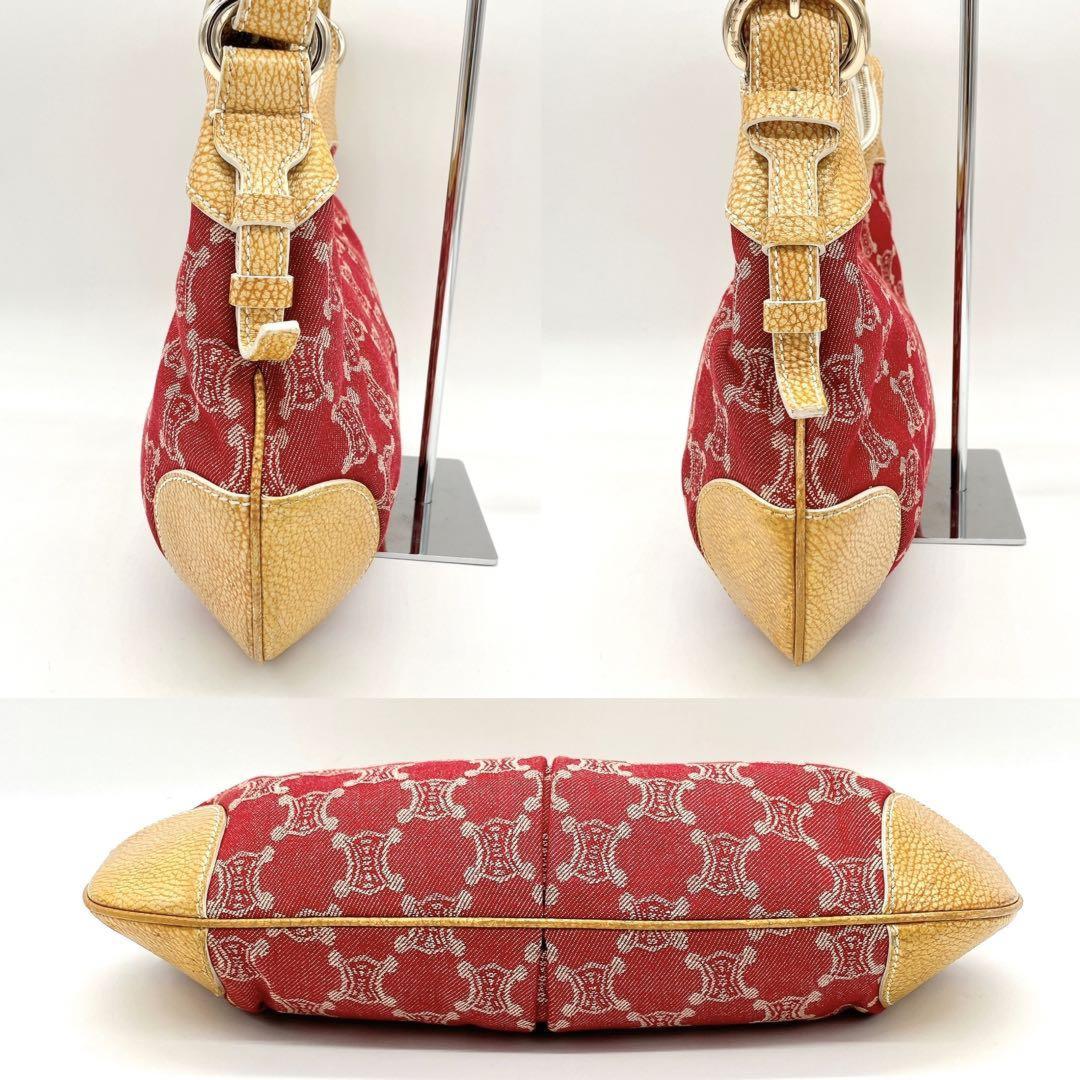 CELINE Shoulder Bag Purse Macadam Canvas Leather Red Yellow Authentic