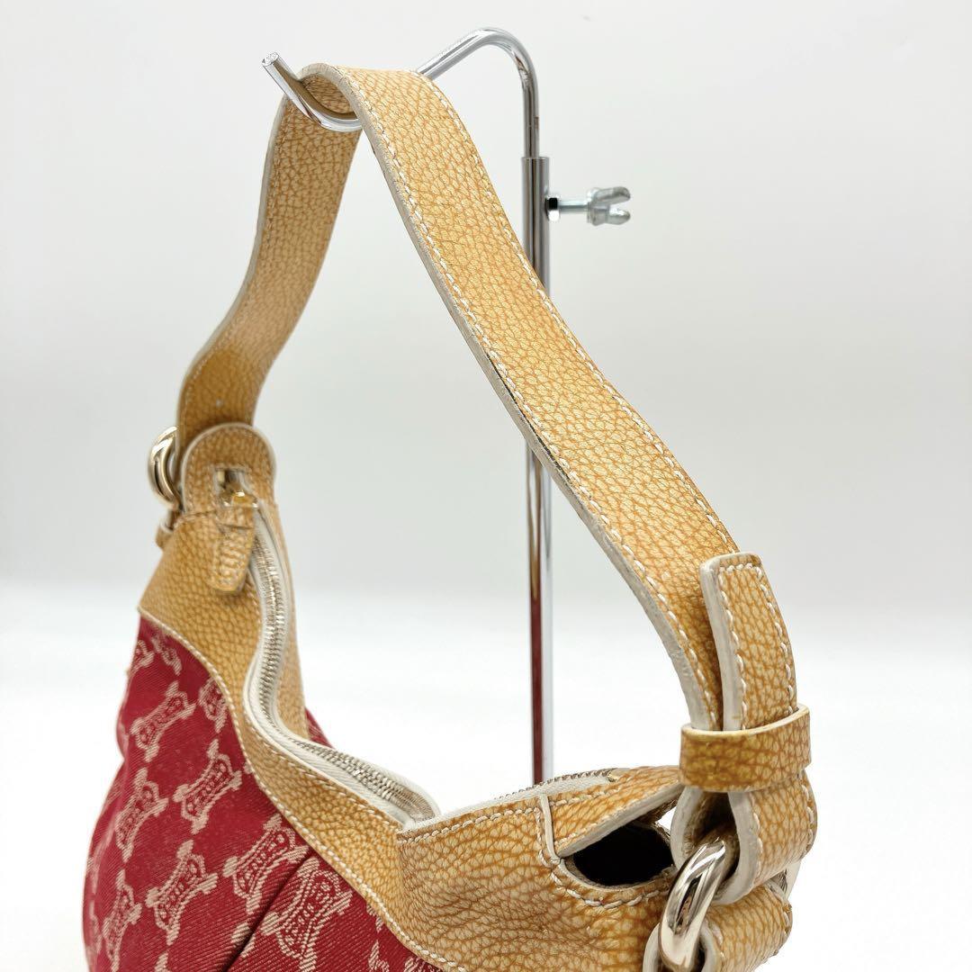 CELINE Shoulder Bag Purse Macadam Canvas Leather Red Yellow Authentic
