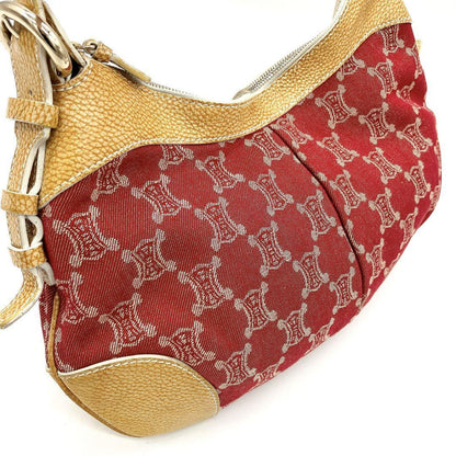 CELINE Shoulder Bag Purse Macadam Canvas Leather Red Yellow Authentic
