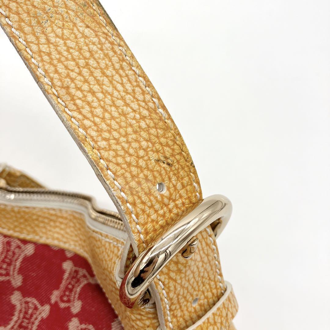 CELINE Shoulder Bag Purse Macadam Canvas Leather Red Yellow Authentic
