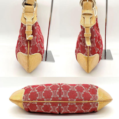 CELINE Shoulder Bag Purse Macadam Canvas Leather Red Yellow Authentic