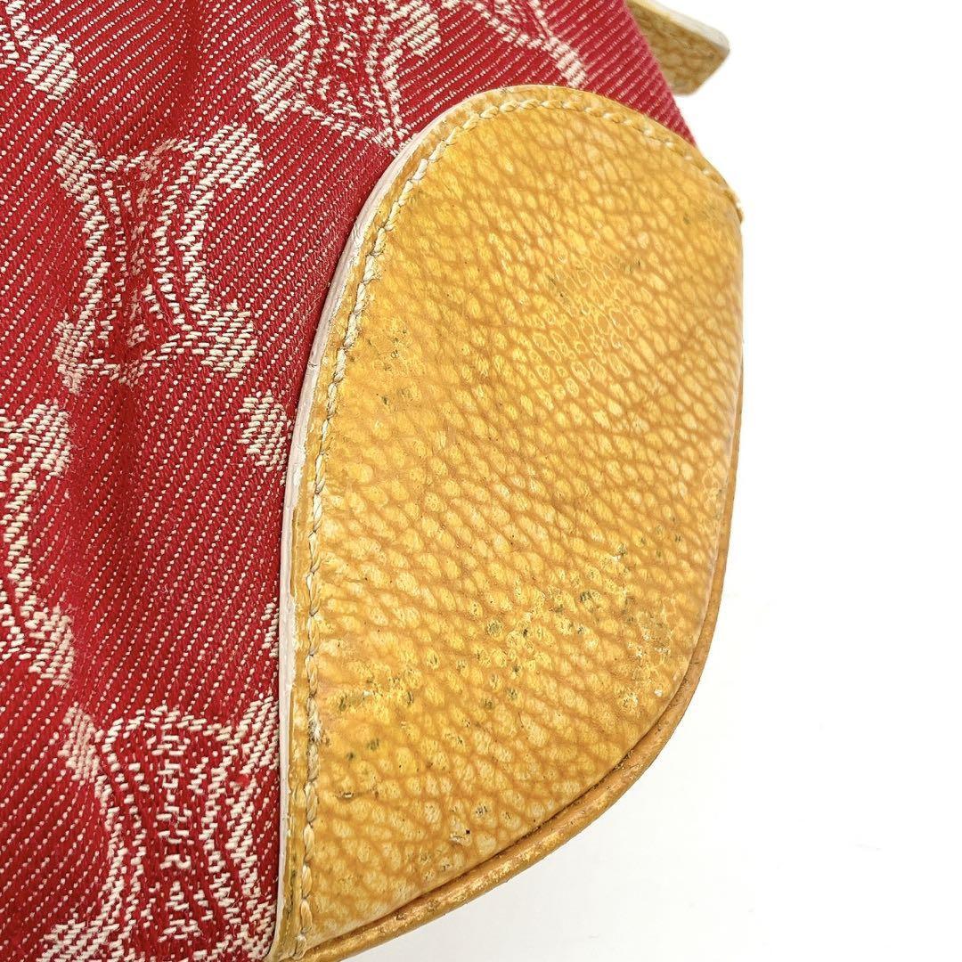 CELINE Shoulder Bag Purse Macadam Canvas Leather Red Yellow Authentic