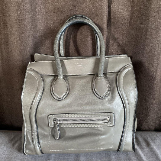CELINE Hand Bag Tote Purse Leather Greige Authentic