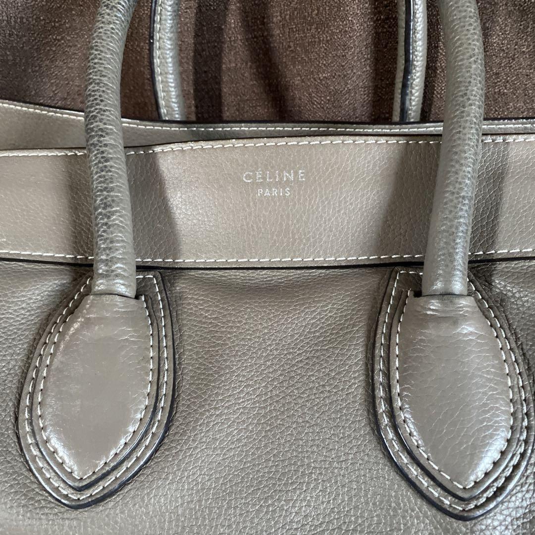 CELINE Hand Bag Tote Purse Leather Greige Authentic