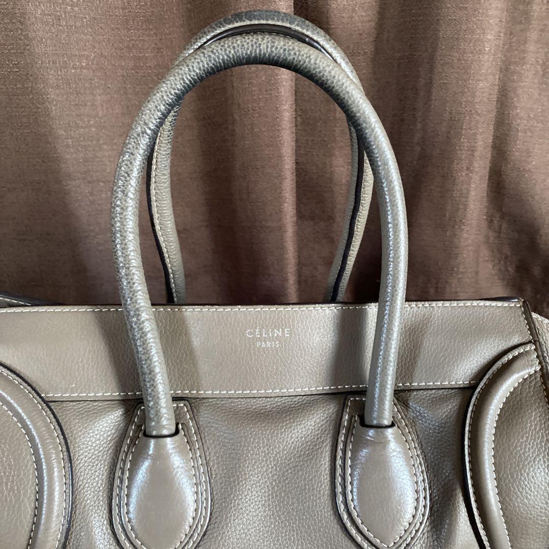 CELINE Hand Bag Tote Purse Leather Greige Authentic