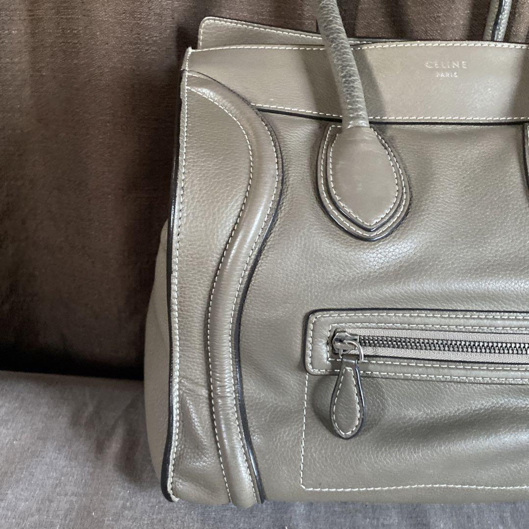 CELINE Hand Bag Tote Purse Leather Greige Authentic