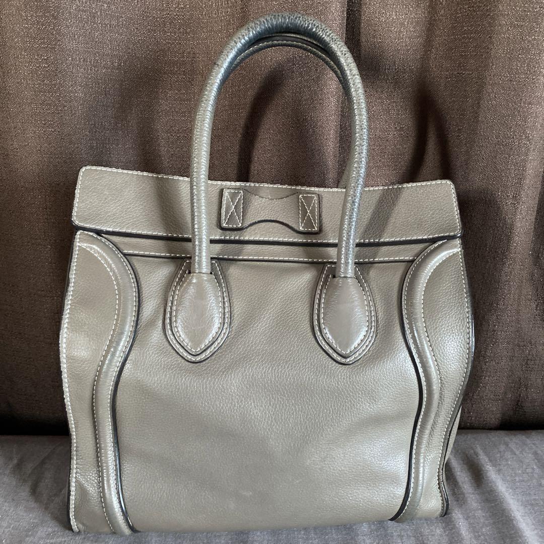 CELINE Hand Bag Tote Purse Leather Greige Authentic