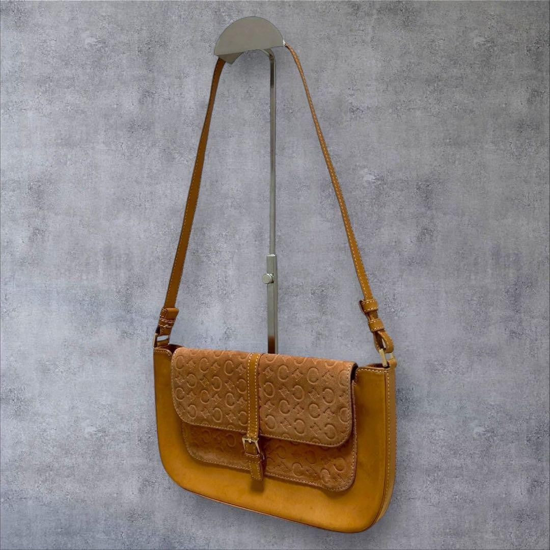 CELINE Hand Bag Tote Purse C Macadam Suede Leather Brown Light Pink Authentic