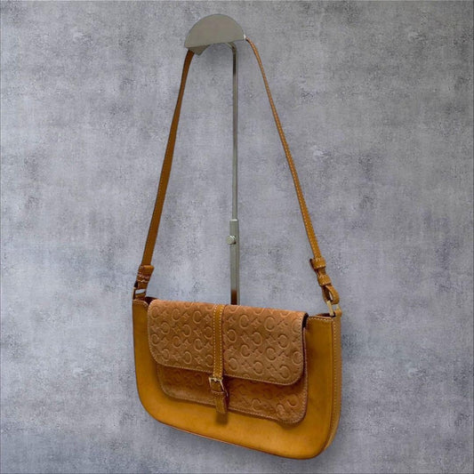 CELINE Hand Bag Tote Purse C Macadam Suede Leather Brown Light Pink Authentic