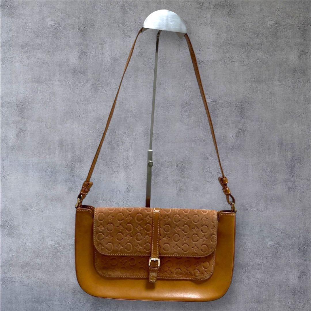 CELINE Hand Bag Tote Purse C Macadam Suede Leather Brown Light Pink Authentic