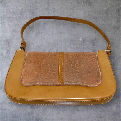 CELINE Hand Bag Tote Purse C Macadam Suede Leather Brown Light Pink Authentic