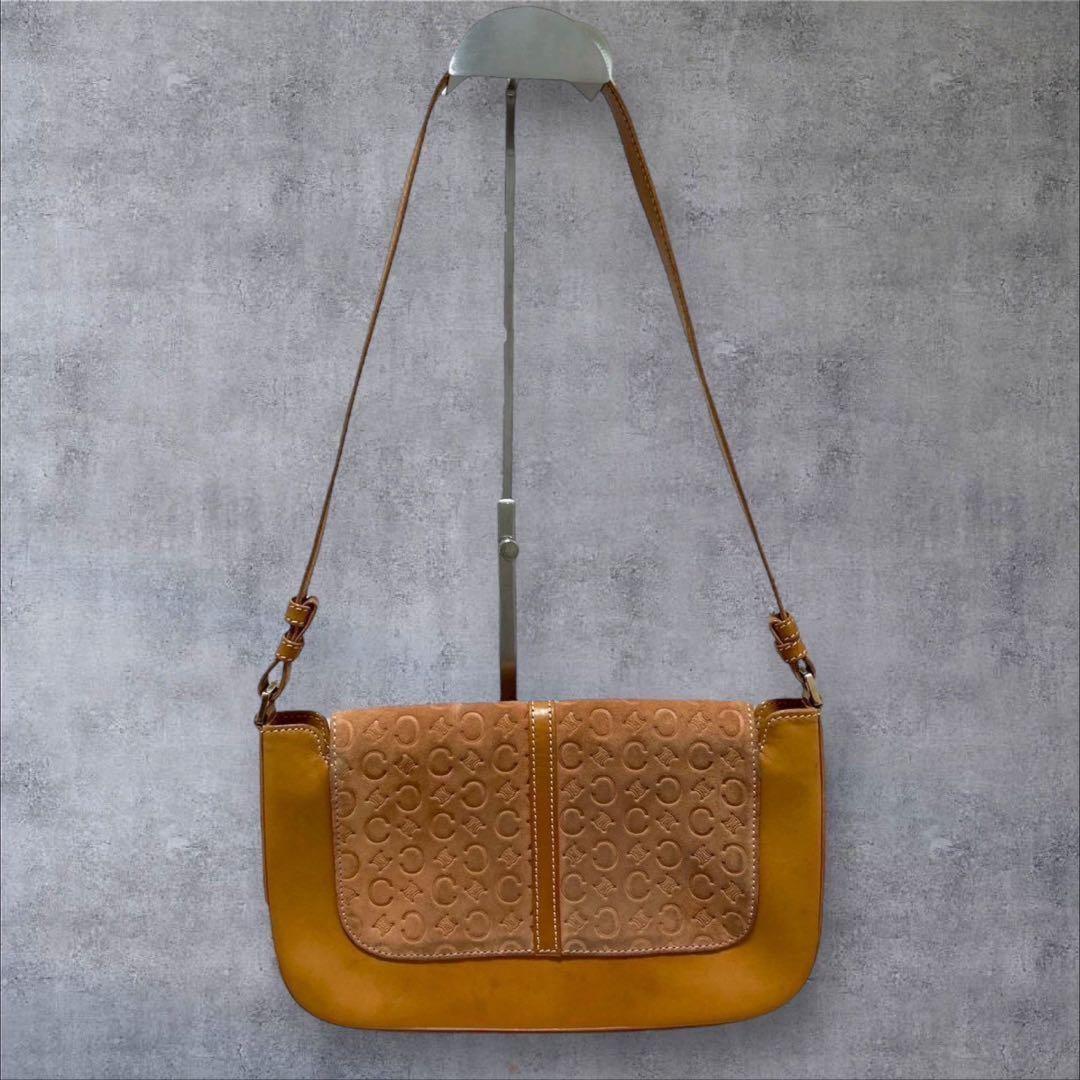 CELINE Hand Bag Tote Purse C Macadam Suede Leather Brown Light Pink Authentic