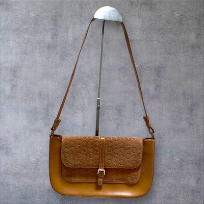 CELINE Hand Bag Tote Purse C Macadam Suede Leather Brown Light Pink Authentic