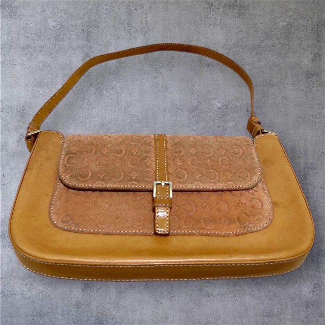 CELINE Hand Bag Tote Purse C Macadam Suede Leather Brown Light Pink Authentic