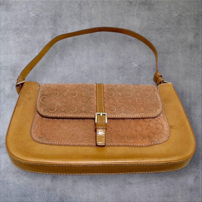 CELINE Hand Bag Tote Purse C Macadam Suede Leather Brown Light Pink Authentic