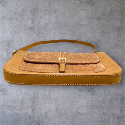 CELINE Hand Bag Tote Purse C Macadam Suede Leather Brown Light Pink Authentic