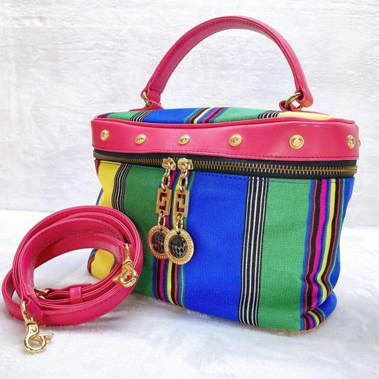 VERSACE Vanity Bag Hand Tote Purse 2way Canvas Stripe Leather Multicolor Auth