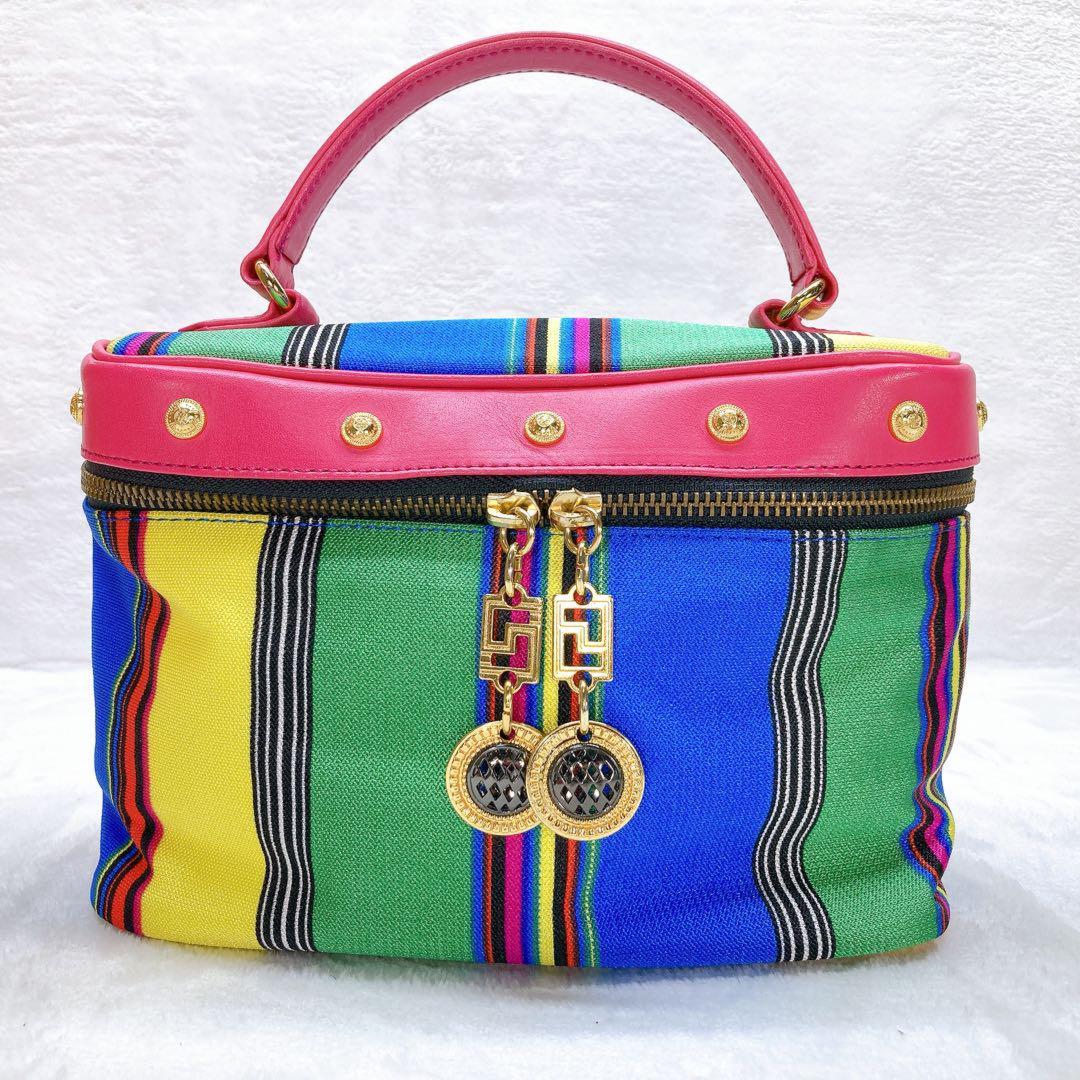 VERSACE Vanity Bag Hand Tote Purse 2way Canvas Stripe Leather Multicolor Auth