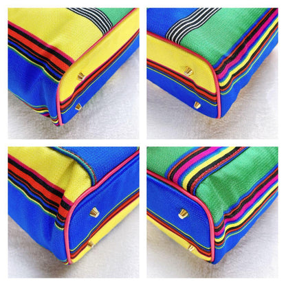 VERSACE Vanity Bag Hand Tote Purse 2way Canvas Stripe Leather Multicolor Auth
