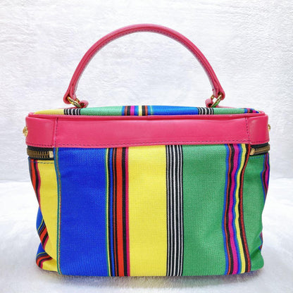 VERSACE Vanity Bag Hand Tote Purse 2way Canvas Stripe Leather Multicolor Auth