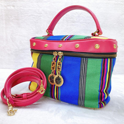 VERSACE Vanity Bag Hand Tote Purse 2way Canvas Stripe Leather Multicolor Auth