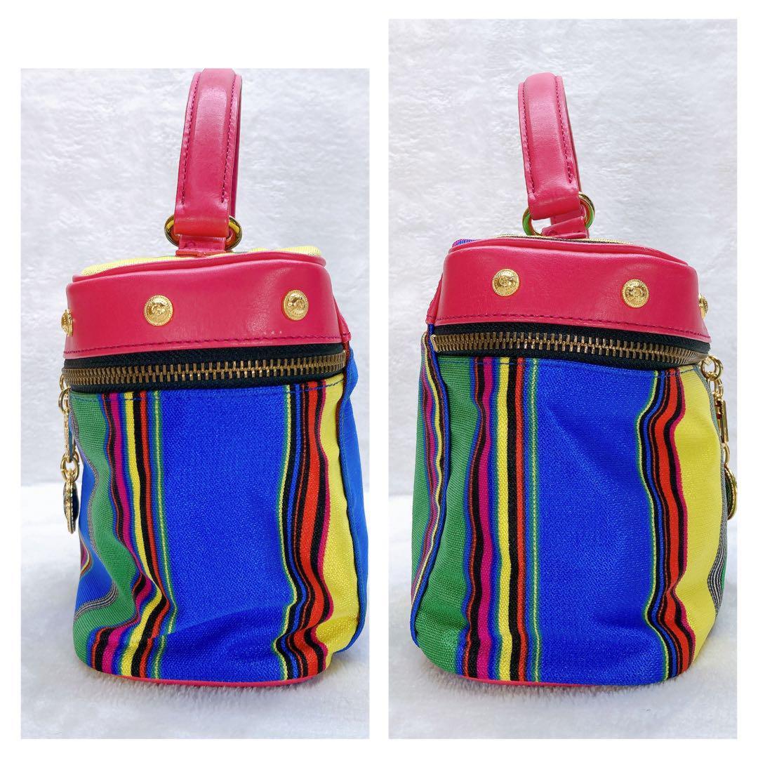 VERSACE Vanity Bag Hand Tote Purse 2way Canvas Stripe Leather Multicolor Auth