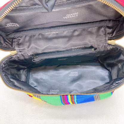 VERSACE Vanity Bag Hand Tote Purse 2way Canvas Stripe Leather Multicolor Auth