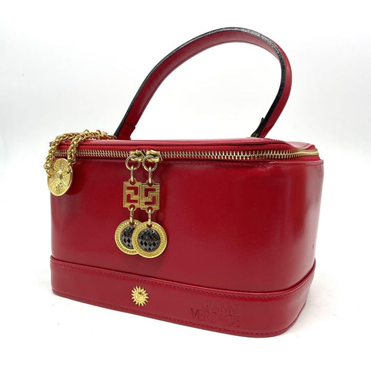 VERSACE Vanity Bag Accessory Pouch Sunburst Leather Red Authentic