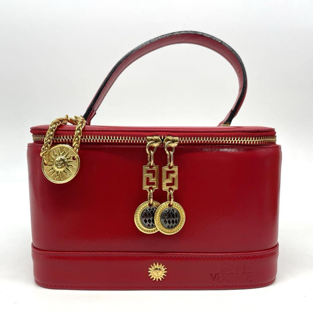 VERSACE Vanity Bag Accessory Pouch Sunburst Leather Red Authentic