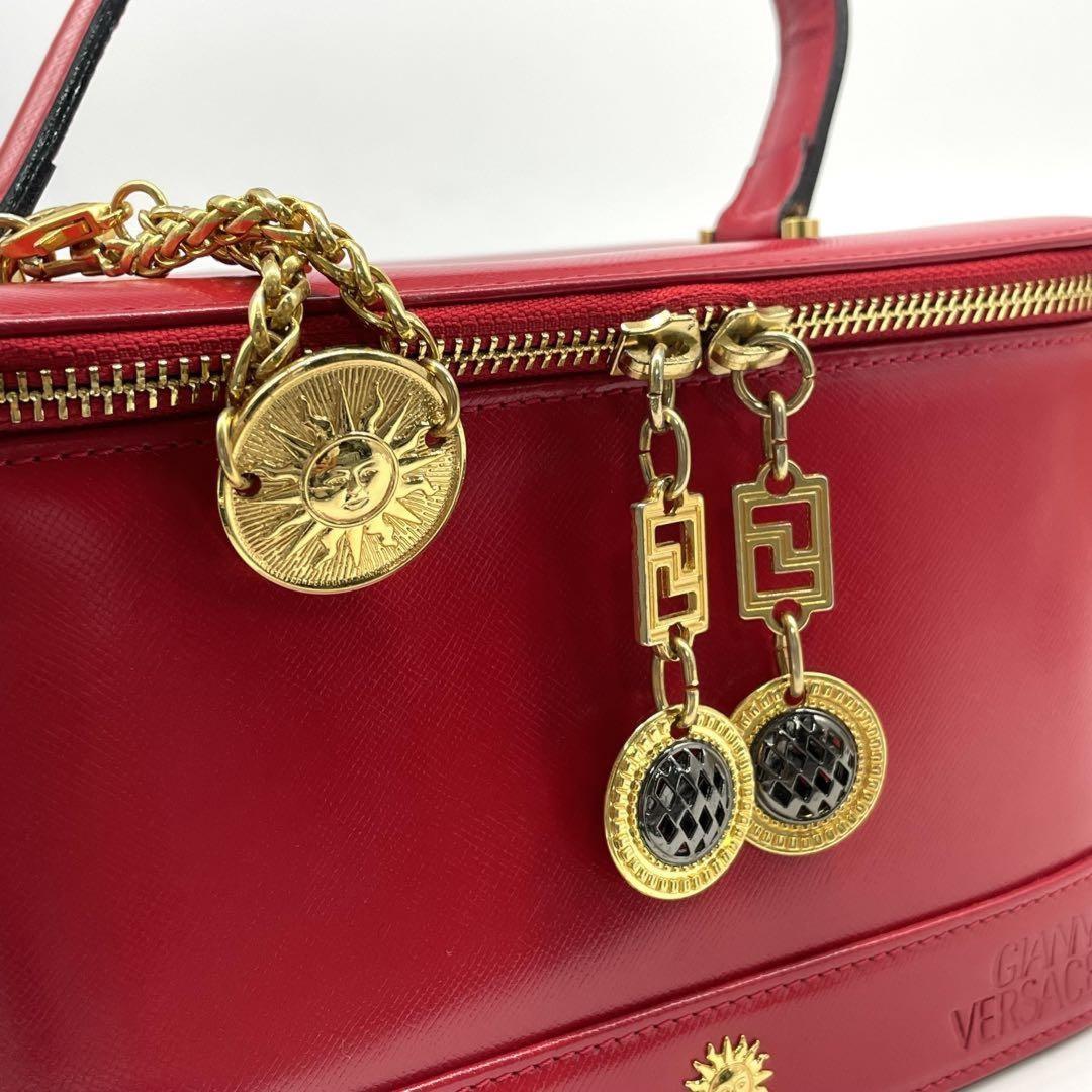 VERSACE Vanity Bag Accessory Pouch Sunburst Leather Red Authentic
