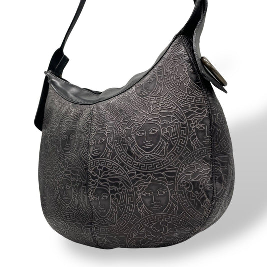 VERSACE Hand Shoulder Bag Tote Purse Medusa Leather Black Gray Authentic