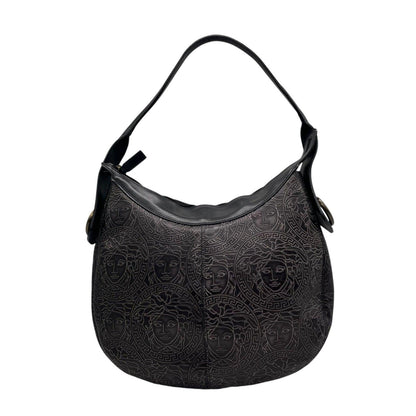VERSACE Hand Shoulder Bag Tote Purse Medusa Leather Black Gray Authentic
