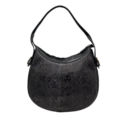 VERSACE Hand Shoulder Bag Tote Purse Medusa Leather Black Gray Authentic