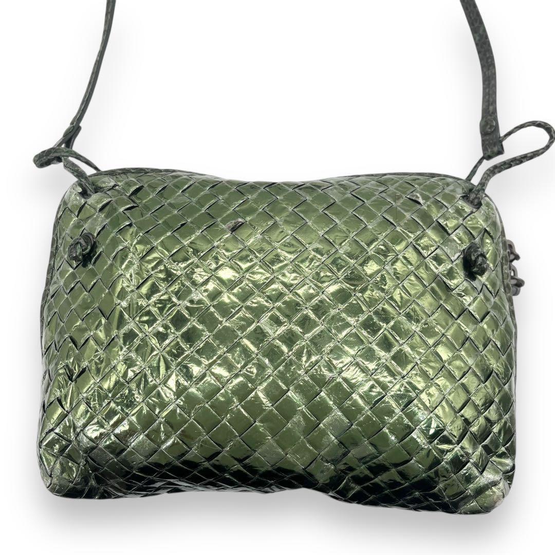 BOTTEGA VENETA Shoulder Bag Purse Intrecciato Leather metallic green Authentic