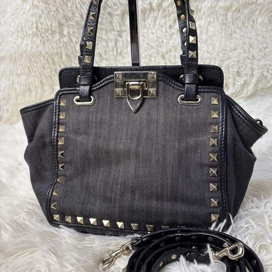 Valentino Garavani Hand Bag Tote Purse 2way studs Denim Authentic
