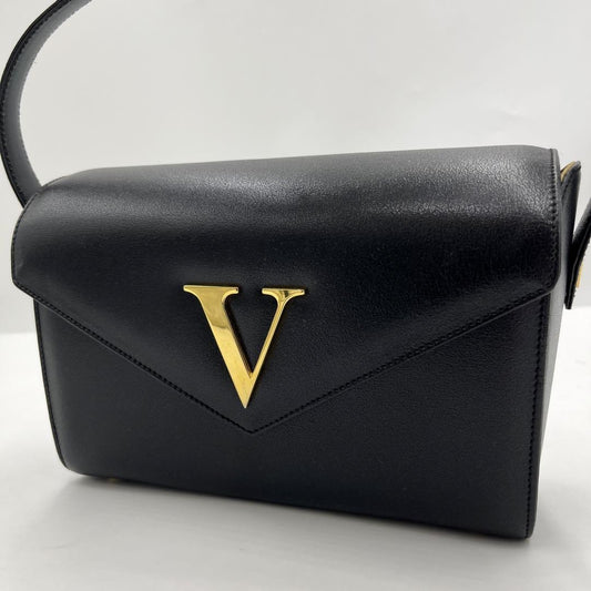 Valentino Hand Bag Tote Purse V Logo Leather Black Authentic
