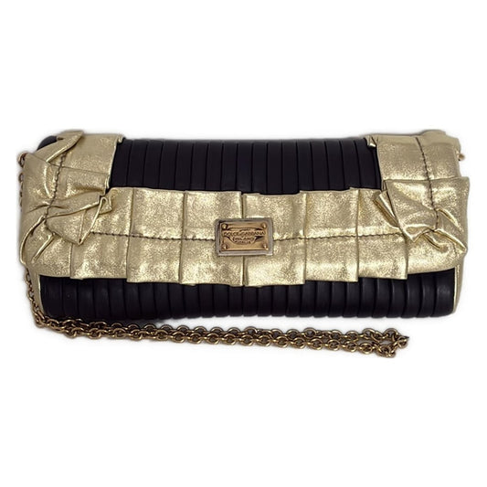 Dolce & Gabbana Shoulder Bag Purse Chain Leather Black Gold Authentic