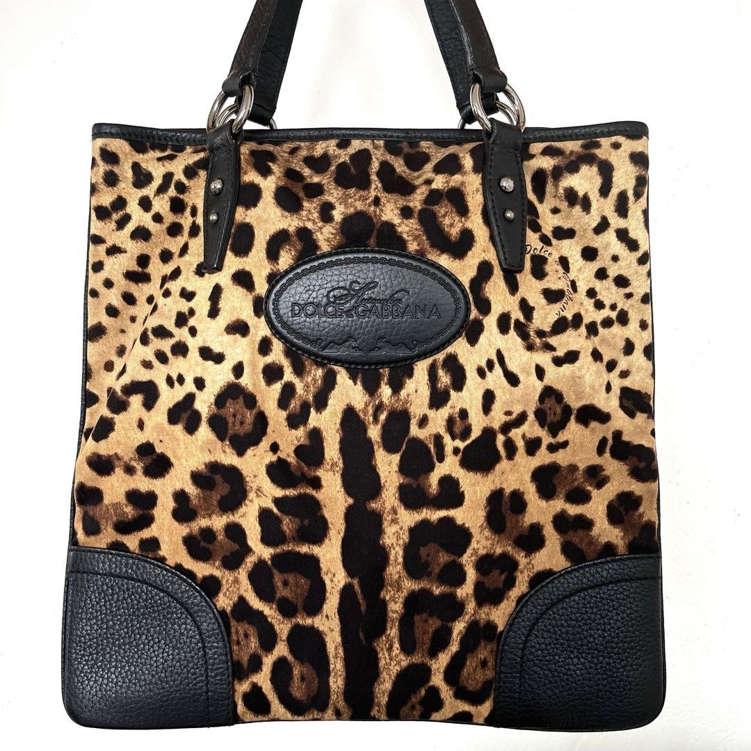 Dolce & Gabbana Hand Bag Tote Purse Leopard Leather Fabric Beige Black Authentic