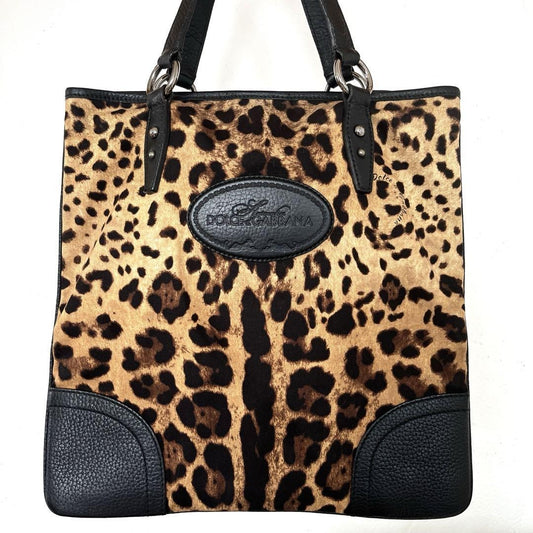 Dolce & Gabbana Hand Bag Tote Purse Leopard Leather Fabric Beige Black Authentic