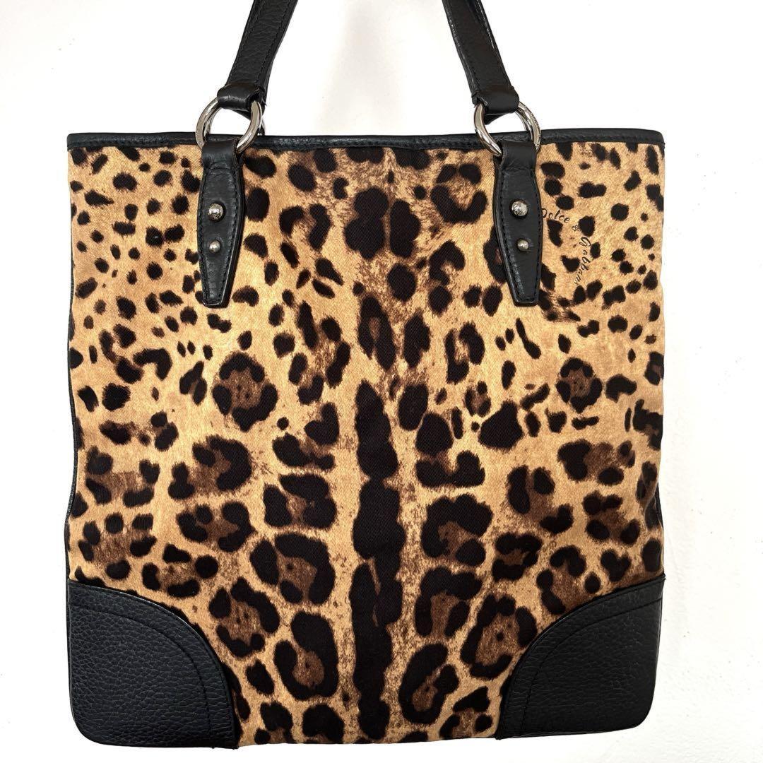 Dolce & Gabbana Hand Bag Tote Purse Leopard Leather Fabric Beige Black Authentic