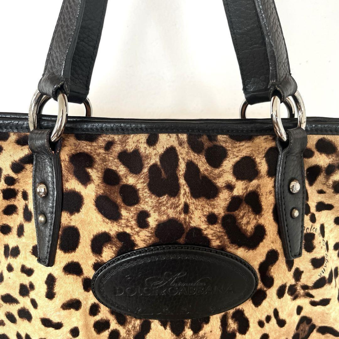 Dolce & Gabbana Hand Bag Tote Purse Leopard Leather Fabric Beige Black Authentic