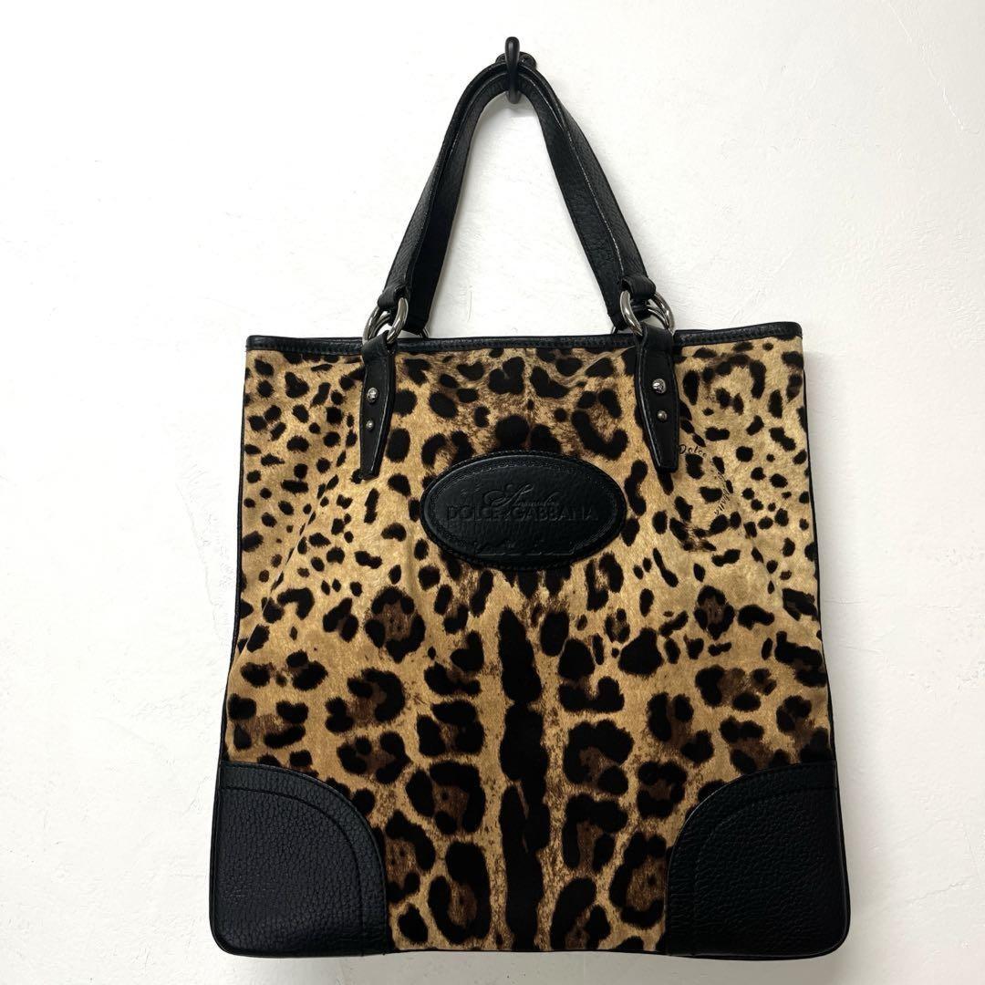 Dolce & Gabbana Hand Bag Tote Purse Leopard Leather Fabric Beige Black Authentic