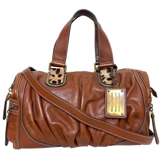Dolce & Gabbana Boston Bag Hand Tote Purse 2way Leopard Leather Brown Authentic